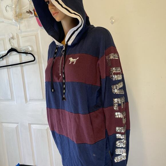 Victorias Secret Love Pink vintage y2k BLING Dog Logo ColorBlock hoodie Grunge M - Picture 3 of 11